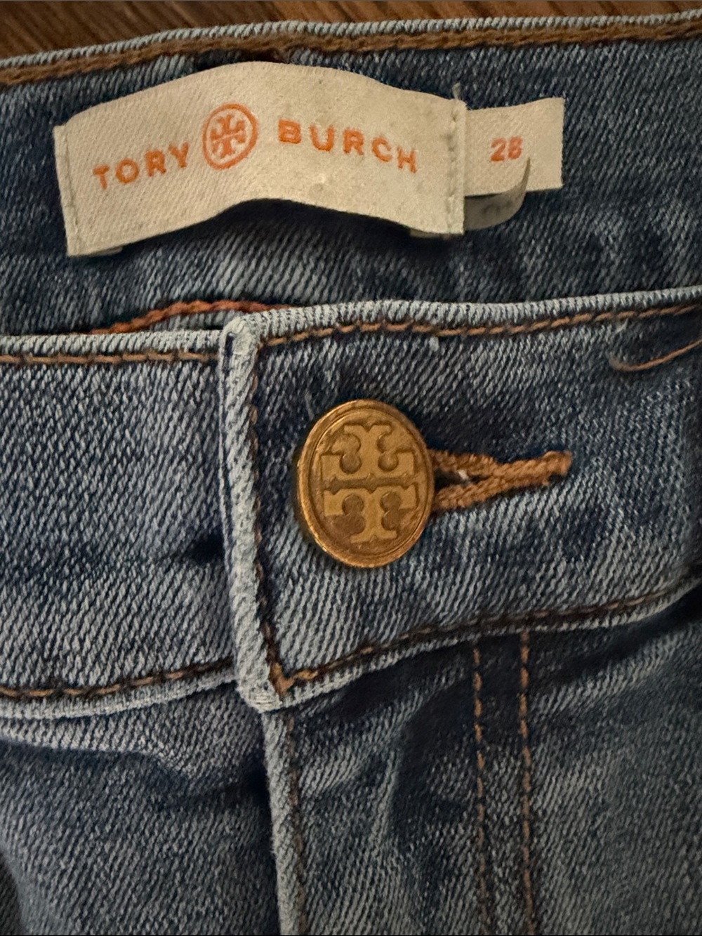 Tory Burch Light Blue Denim Wide-Leg Jeans with Red & Navy Embroidered Hem